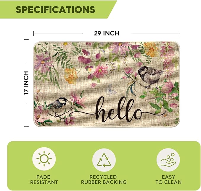 Artoid Mode Bird Flowers Hello Spring Doormat, Home Summer Decor Low-Profile Switch Rug Door Mat Floor Mat for Indoor Outdoor 17x29 Inch