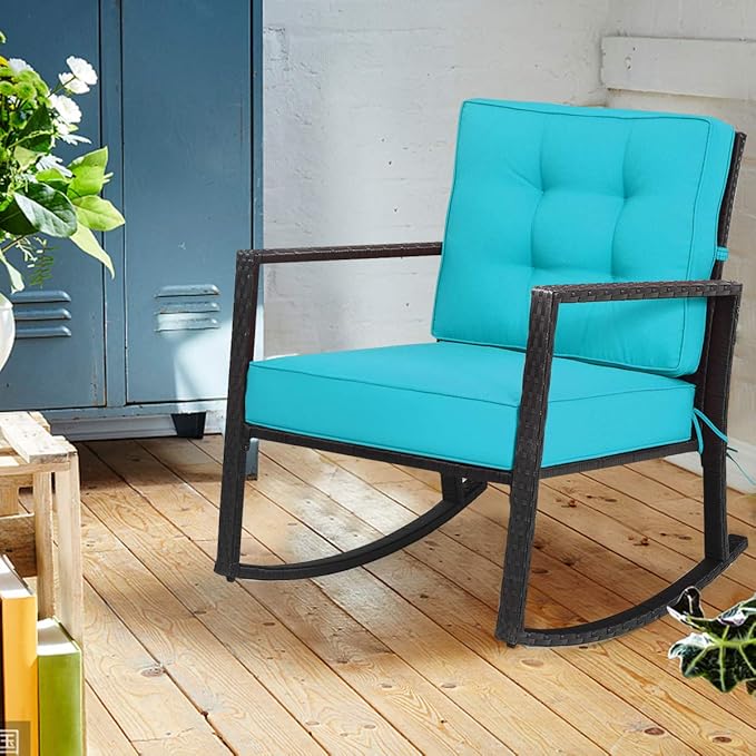 Tangkula Wicker Rocking Chair, Outdoor Glider Rattan Rocker Chair with Heavy-Duty Steel Frame, Patio Wicker Furniture Seat with 5” Thick Cushion for Garden, Porch, Backyard, Poolside (2, Turquoise)