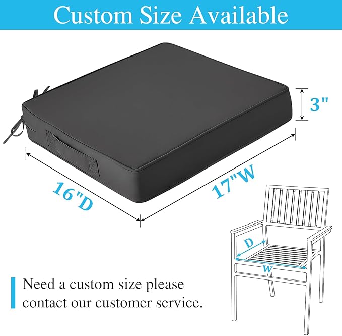 Amagenix Outdoor Chair Cushions Set of 2, 17"x16"x3" Waterproof Outdoor Seat Cushions for Patio Furniture, Stripe Reversible Patio Cushions with Ties & Handle & Hidden Zipper, Fade-Resistant,Dark Grey