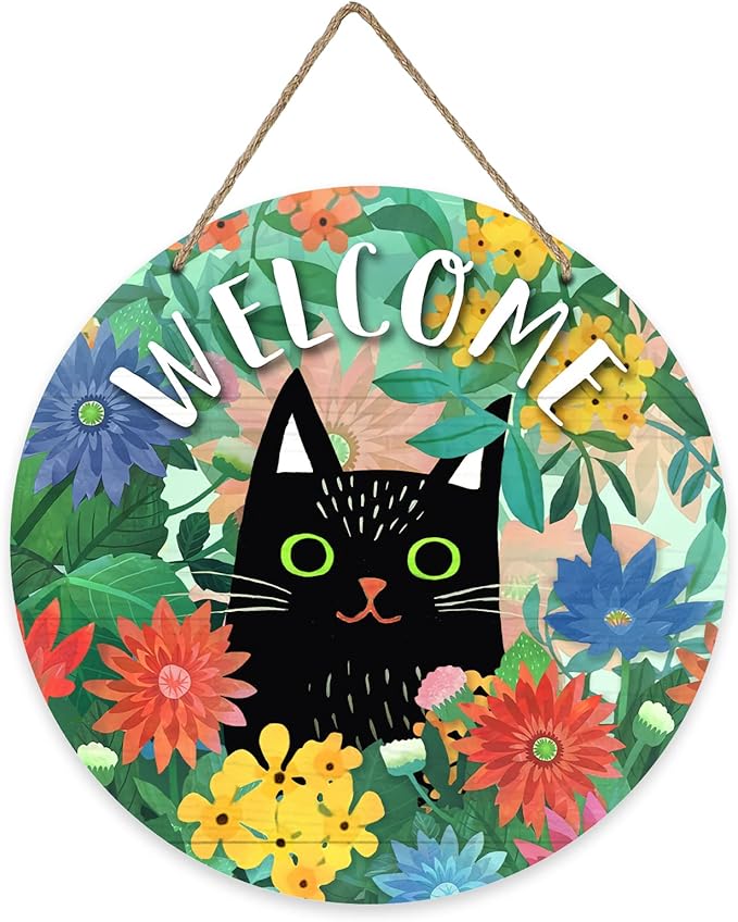 Deroro Welcome Spring Black Cat Sign for Front Door Decor, Daisy Flowers Floral Wood Door Hanger for Outdoor Outside Porch, Seasonal Summer Farmhouse Wooden Wreath Indoor Wall Hanging Decoration