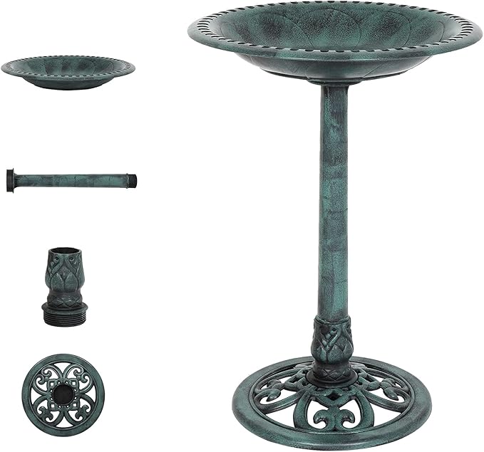 VINGLI Wild Bird Bath Green Patina Weather Resistant Resin Pedestal Birdbaths Antique Sculpture Finish Garden Decor for Outdoor Lightweight Courtyard 28 Inch…