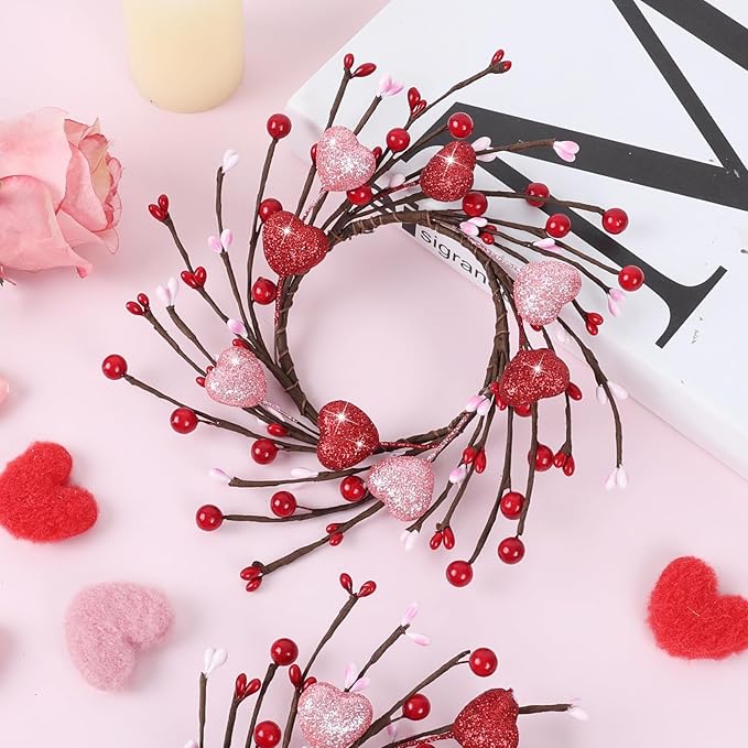 6 PCS Mini Valentine Wreaths for Cabinet Front Door Valentine Wreath Red Pink Glitter Heart and Berry Hanging Valentines Day Wreaths for Window Wedding Birthday Home Wall Porch Decoration