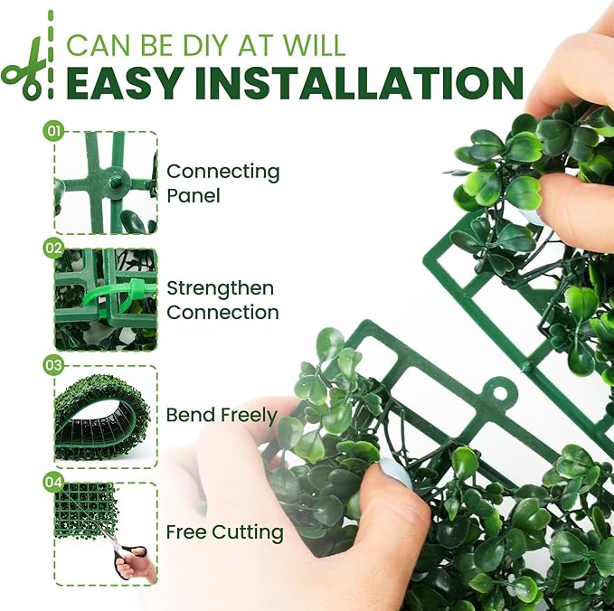 Grass Wall 24 Pack 10"x10" Artificial Boxwood Hedge Wall Panels, Privacy Hedge Screen Faux Boxwood for Outdoor,Indoor,Garden,Fence,Backyard,Greenery Walls