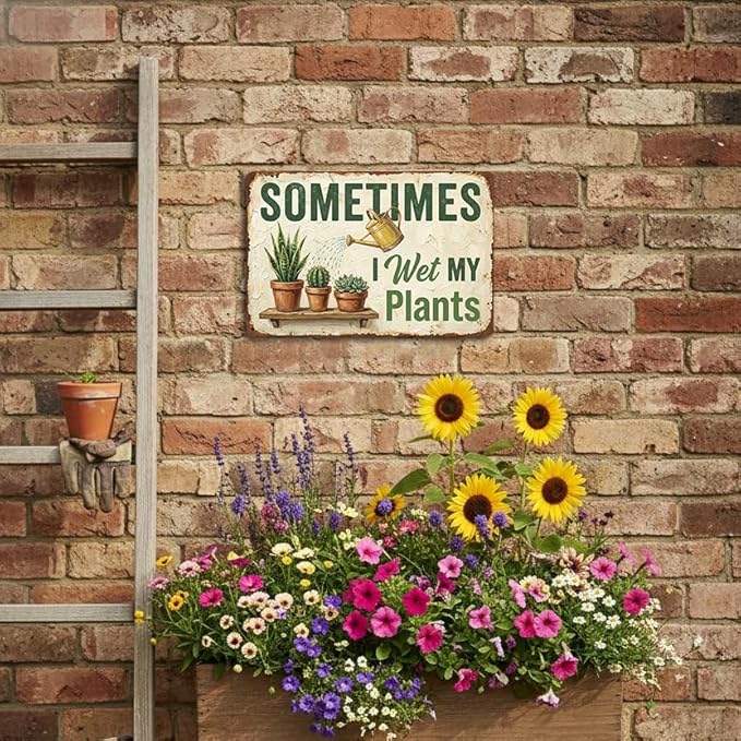 Funny Plant Tin Sign - "Sometimes My Plants", ucculent & Cactus Metal Art, Metal Sign - 8x12 Aluminum Wall Decor for Shed, Bathroom, Garden, Sunroom, Housewarming Gift