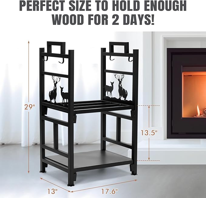 INNO STAGE Firewood Rack Fireplce Firepit Tools Set Double Layer Iron Wood Log Holder for Fire Place Outdoor Indoor Accessories-Brush, Shovel, Tong, Hook