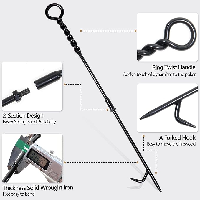 Fire Poker for Fire Pit Outdoor, 26inch Twisted Rope Design Camping Fireplace Poker, Removable and Portable Fire Pit Accessories, Heavy Duty Solid Steel Fireplace Tool Rust-Resistant Black Finish