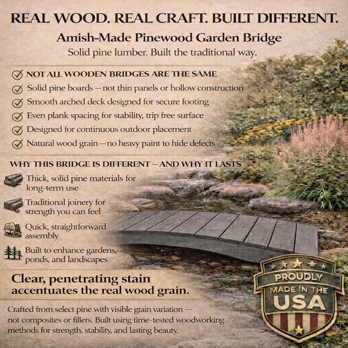 10 FT Grey Amish Made Pinewood Heavy Duty Garden Bridge for Walkway, Backyard Pond & Landscaping, Outdoor Wooden Footbridge for Koi Pond, Japanese Style Decorative Bridge, Made in USA