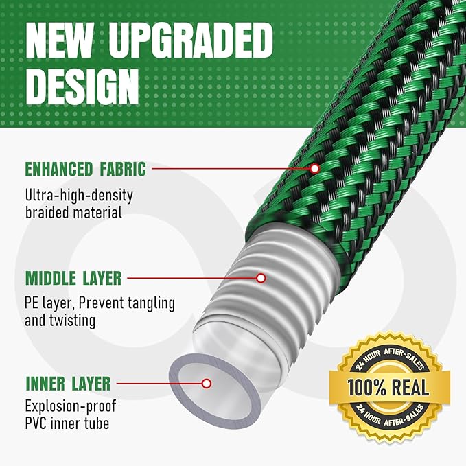 Garden Hose 100 ft NON-EXPANDABLE Water Hose, Flexible & Lightweight Kink Resistant Hybrid Hose, Leak-Proof Heavy Duty, Super Durable Fabric with 3/4" Solid Brass Connectors