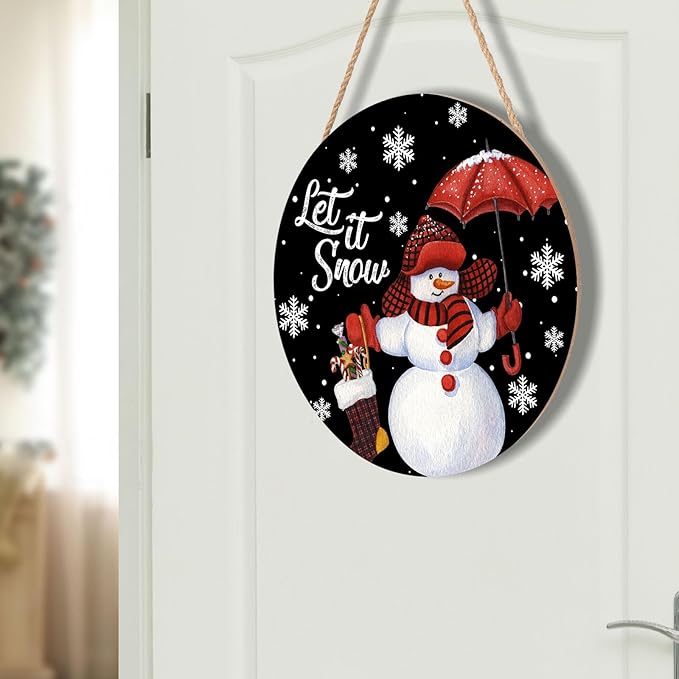 Snowman with Red Umbrella Door Sign For Front Door Decor,Winter Welcome Snowflakes Black Wooden Sign 12"x 12" Round Wood Hanging Door Sign Decoration for Winter Day Wall Porch Decor