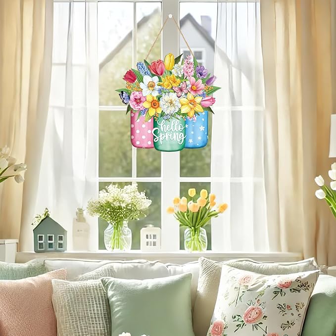 Spring Wreath for Front Door Sign Wall Signs Decoration,Flower Wreath Sign Hello Spring Welcome Hanging for Home Wall Decor Party Outdoor Indoor Supply Easter Decoration