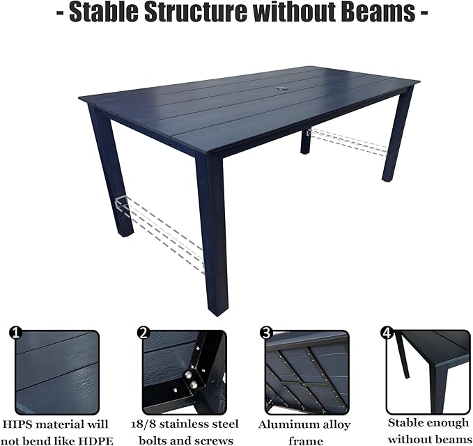 Poly Lumber Patio Dining Set, HIPS Outdoor 70.9-Inches Dining Table and Slat Back Chairs, with Umbrella Hole, Weather Resistant (Navy Blue, 5 Piece)