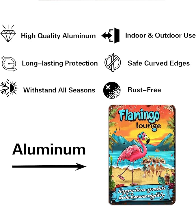 Flamingo Lounge Tropical Bar Sign - Hawaiian Beach Party Decor,Funny Pub Sign for Home, Poolside or Party Wall Art 8x12 Inch