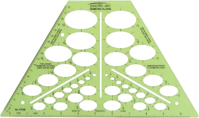 Pacific Arc Isometric Ellipse Template Guide, 38 Ellipses of 35 Degrees ranging from 1/8 inch to 1 and 9/16 inch