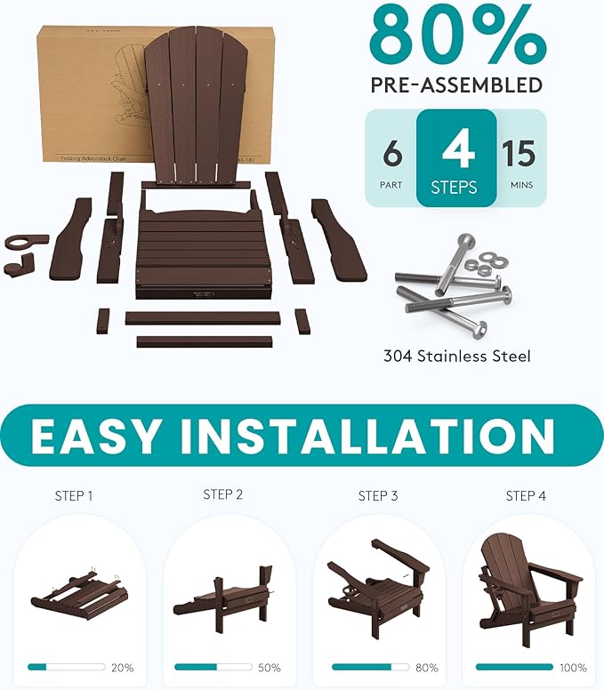 SERWALL Folding Adirondack Chair Set of 4 for Patio Garden Outdoors Fire Pit- Coffee