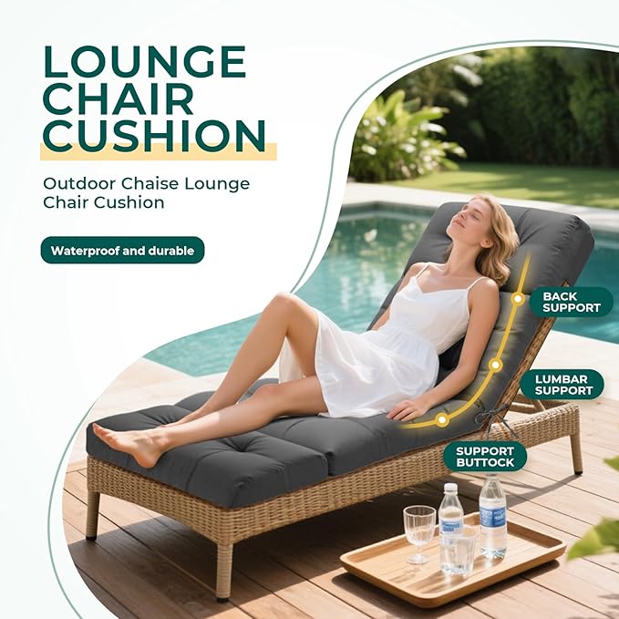 Outdoor Chaise Lounge Chair Cushion Waterproof 74.4 x 22 x 4.7 Inches Lounge Chair Cushions Replacement for Outdoor Furniture with Ties and Pocket, Thickened Pool Lounge Chair Cushions, Grey