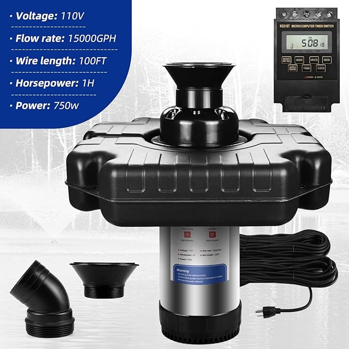 Floating Pond Fountain 1HP 110V 750W with 98Ft Power Cord, Featuring a Timer,2 Fountain nozzles,Metal Pond Waterfall Pump.