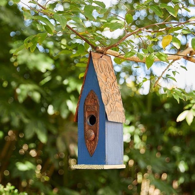 Glitzhome Bird Houses for Outside, Hanging Bird House for Outdoors, 13.25" H Retro Blue Distressed Solid Wood Pet Cottage Garden Decorative Birdhouse for Swallow Sparrow Finch Cardinals