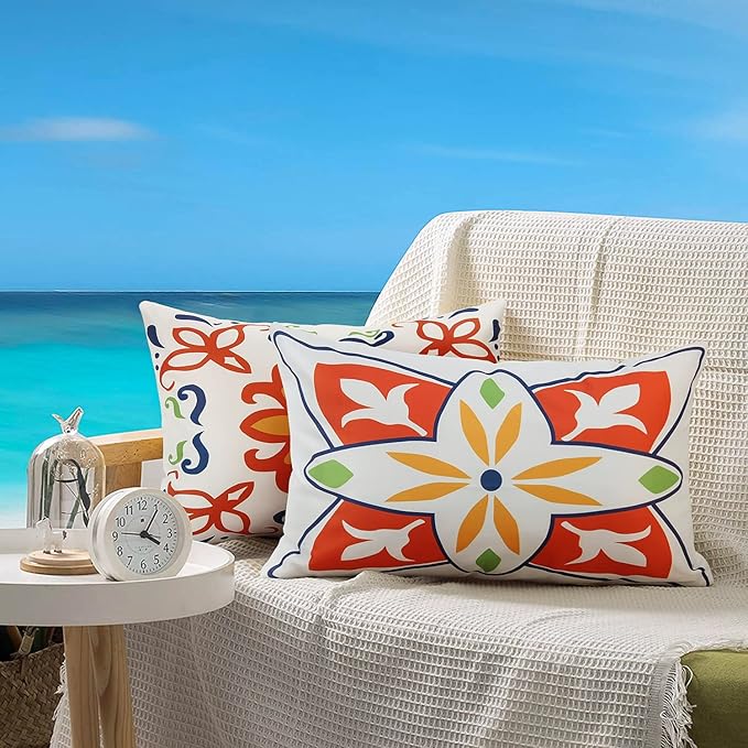 Pyonic Outdoor Waterproof Throw Pillow Covers for Patio Furniture Decorative Boho Pillow Covers 12x20 Floral Printed for Patio Tent Couch Garden Set of 4,Orange