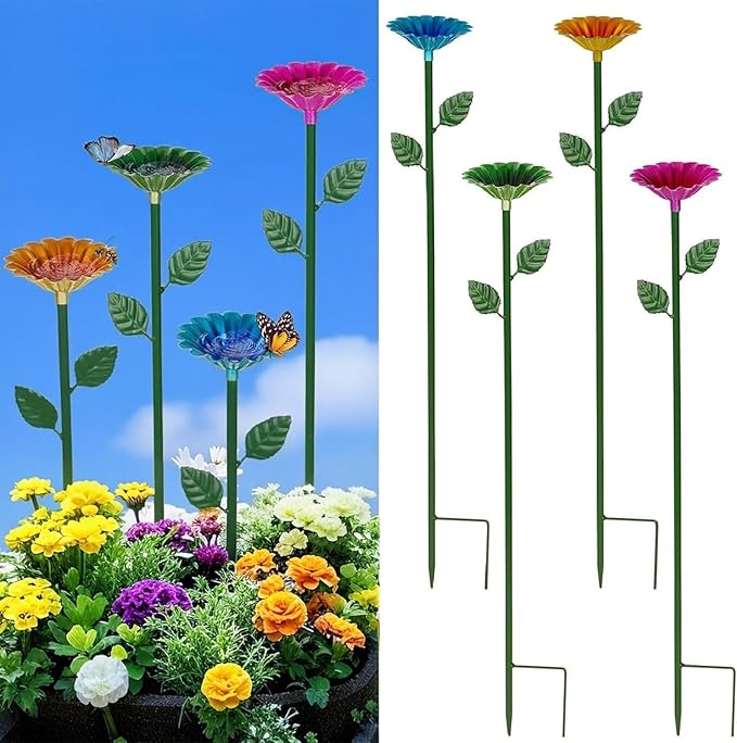 4 Pack Bee Watering Station, Metal Bee Feeder Cups with Colorful Flower Design,Butterfly Bee Bath Bowl for Outdoor Garden Yard Decor (Green, Blue, Yellow, Purple)