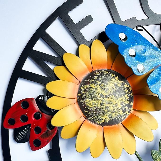 Hanging Sunflower and Butterfly Welcome Wreath, Outdoor Garden Ladybug Decor for Front Door, Porch or Backyard, Metal Construction