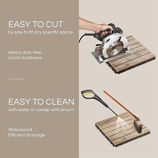 10 Pcs Deck Tiles, Patio Flooring - Outdoor Waterproof Acacia Wood Tiles for All Weather Use - Balcony, Backyard, Indoor & Outdoor (White Striped Pattern, 10 Square Ft)