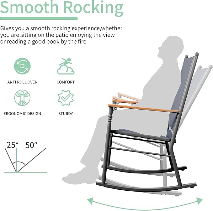 JY QAQA Outdoor Rocking Chair Set of 2, High Back All-Weather Patio Rocking Chairs with Breathable Back Rest, Ergonomic Design Porch Chairs for Porch, Garden, Balcony, Pool, Deep Gray
