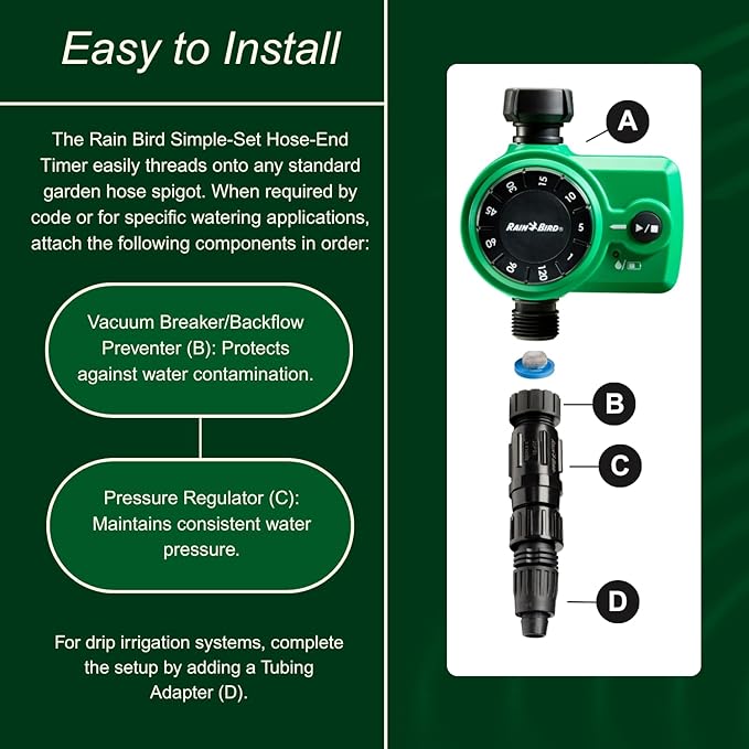 Rain Bird 1ZEHTMRS Simple-Set Hose End Timer, One Zone/Station, Battery Operated, 3/4" Garden Hose Thread, Heavy-Duty Brass Inlet