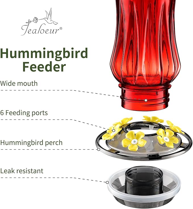 Hummingbird Feeder for Outdoors Hanging, 18 OZ Humming Birds Feeders with 6 Bee Guard Feeding Ports & Built-in Ant Moat, Easy to Clean, Durable Outdoor Garden Decor (Red 2 Pack)