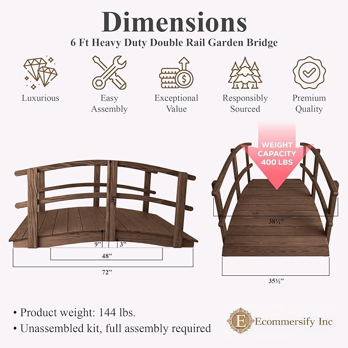 6 FT Walnut Amish Made Garden Bridge with Double Rails for Walkway, Backyard Pond & Landscaping, Outdoor Wooden Footbridge for Koi Pond, Japanese Style Decorative Bridge, Made in USA