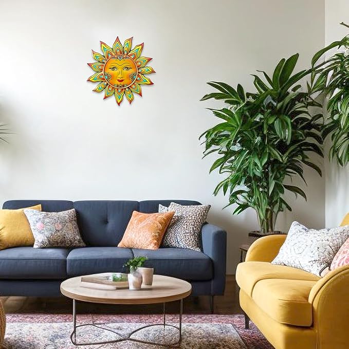 Metal Sun Flower Wall Decor - 13 inches Sun Wall Art Hanging Decorations for Outdoor, Home Garden Yard Patio Fence Bedroom Decor, Gifts for Mom Friends