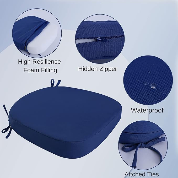 idee-home Outdoor Chair Cushions Set of 2, 17" x 17" x 2" Thick D-Shaped Patio Furniture Outdoor Seat Cushions Waterproof with Ties, Dining Pads