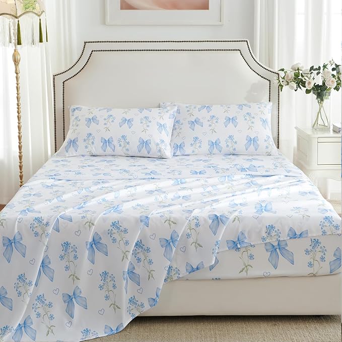 Blue Bow Sheet Set Full Garden Floral Fitted Sheet Set for Girls Kids Soft Microfiber Fitted Flat Sheets & Pillowcases Cute Princess Style Bowknot Bedding Sets Toddlers 4 Pieces
