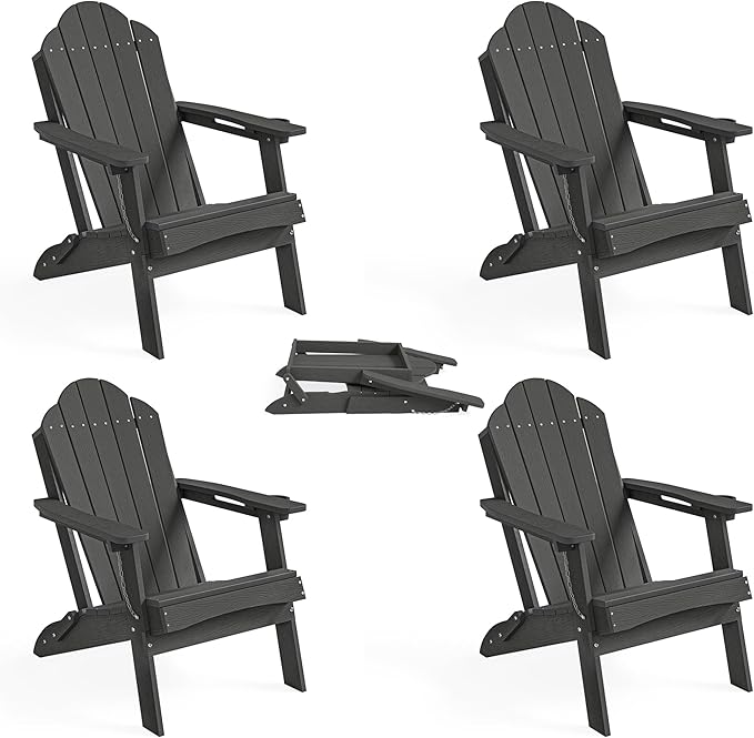 LUE BONA Folding Adirondack Chair, Chairs Set of 4, Cup Holder, Woodgrain, Fire Pit, Patio, Pool, Black