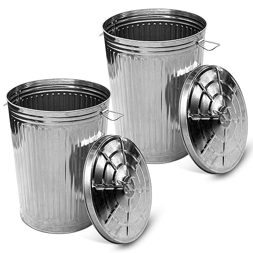 Plexon Metal Trash Can with Lid Outdoor 20 Gallon Galvanized Steel Garbage Bucket with Lid Silver, 2 Pack