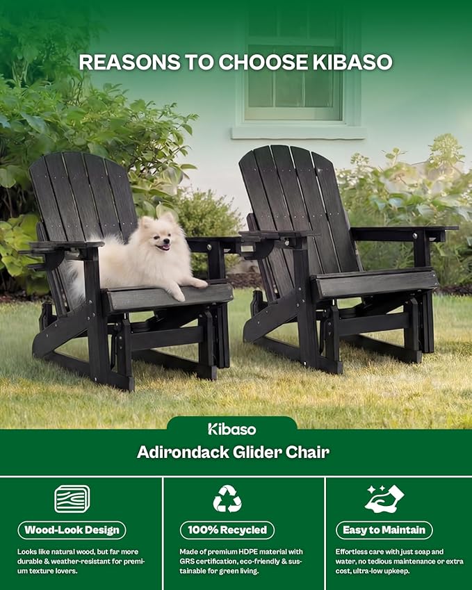 3-Position Adjustable Adirondack Chair with Cup Holder Set of 4, HDPE All-Weather Outdoor Glider Chair, Wood-Grain Fire Pit Chairs for Pool, Yard, Deck (Black)