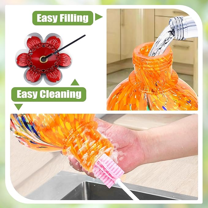 BOLITE Hummingbird Feeder, Hand Blown Glass Hummingbird Feeders for Outdoors Hanging, with 5 Feeding Ports, 22 Ounces, Peony Flower Shape, Orange, Gifts for Women Men, Gifts for Mom Dad