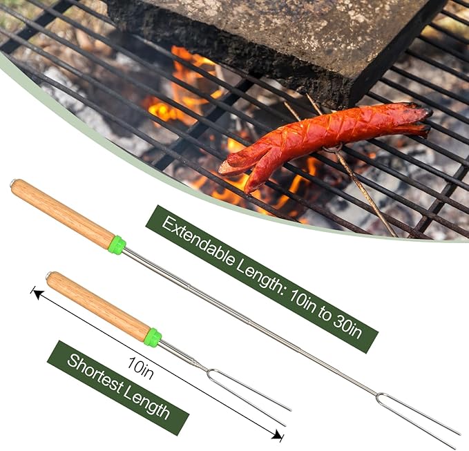 5 Pack Rotating Marshmallow Roasting Sticks, Rotating Roasting Sticks Extendable 30in Long Metal with Wooden Handle, for Marshmallow, Hot Dogs, Camping