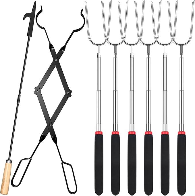 Patelai 8 Pcs Campfire Fire Pit Accessories Include 6 Pcs 25" Smores Sticks for Fire Pit 32" Campfire Poker 25" Fireplace Tong, Roasting Sticks Camping Gear Essentials Hot Dog Fork