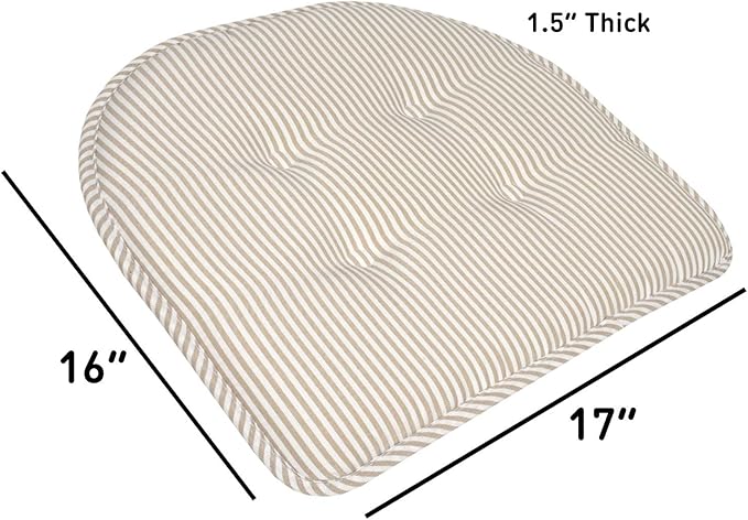 Sweet Home Collection Chair Cushion Memory Foam Pads Tufted Slip Non Skid Rubber Back U-Shaped 17" x 16" Seat Cover, 6 Pack, Pinstripe Taupe, (Pack of 2)