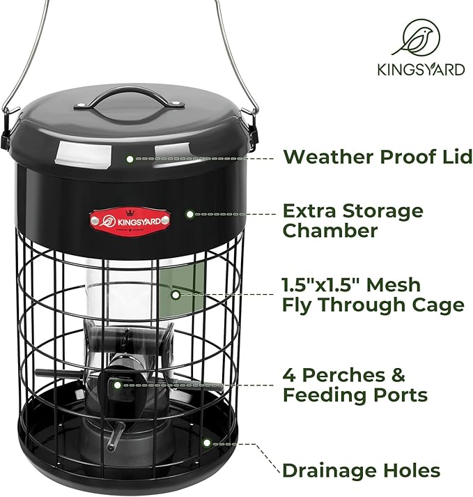 Kingsyard Upgraded Squirrel Proof Caged Bird Feeder for Outdoor Hanging - Additional Storage Tube Bird Feeder with 4 Feeding Ports & Perches, Easy to Clean & Refill. Black