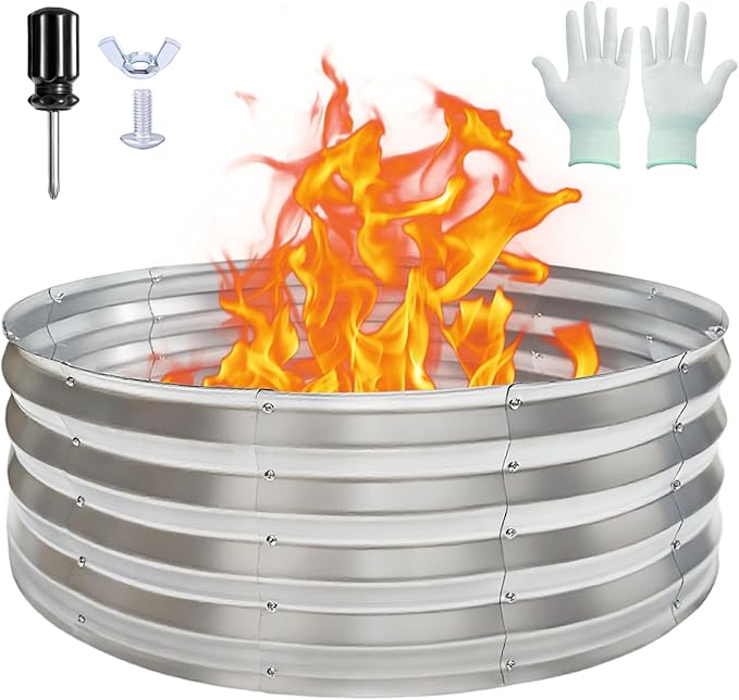 36 Inch Round Fire Pit Ring, Heavy-Duty Galvanized Steel Fire Ring for Outdoor Bonfires, Backyard & Camping, Rust-Resistant & Easy Assembly (3×3×1 FT)