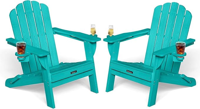 Adirondack Chairs Set of 2, HDPE Material Fire Pit Chairs, Plastic Adirondack Chairs with 2 Cup Holder, Outdoor Lawn Chair for Patio Garden，Lake Blue