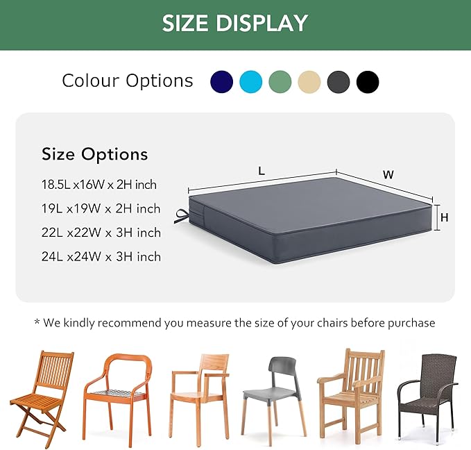 Outdoor Chair Cushions Set of 2: Waterproof & Fade Resistant Seat Cushion for Patio Furniture - 18.5 x 16 x 2 Inch Chair Pads with Ties and Hidden Zipper - Patio Chair Cushion Replacement, Dark Grey