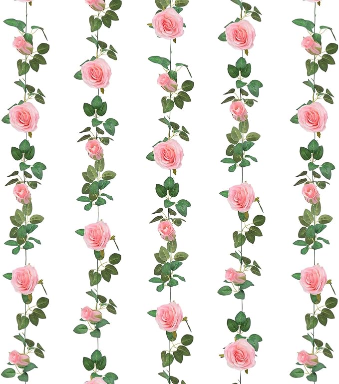 U'Artlines 5 Pack Artificial Pink Rose Vines Floral Garlands Total 32.5 Ft Fake Vine Silk Flower Garland for Indoor Outdoor Home Wedding Arch Garden Wall Decoration