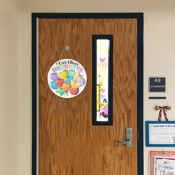 Our Class Birthdays Front Door Sign, Colorful Month Balloons Back to School Wood Hanger Kids Nursery Classroom Home Decor, Farmhouse Wooden Wreath Indoor Kindergarten Wall Hanging Decoration