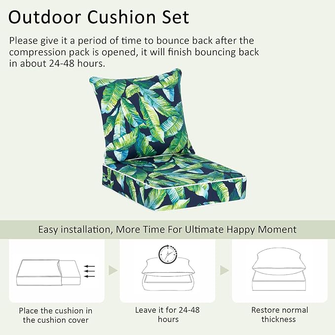 COZYVIDA Outdoor Deep Seat Cushion Set of 2, 24"x24" Seat & 25"x22.5" Back, C0 Water-Resistant Breathable Polyester, UV-Resistant 1000+ Hrs, 30D Foam,YKK Zippers,Tropical Leaf