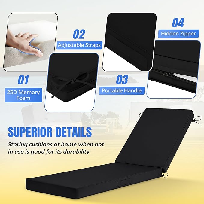 Basic Beyond Chaise Lounge Cushions Outdoor, 3-Layer Waterproof Outdoor Furniture Cushions with Removable Cover and 4 Ties, 72"x21"x3" Patio Lounge Chair Cushions for Outdoor Furniture, Black
