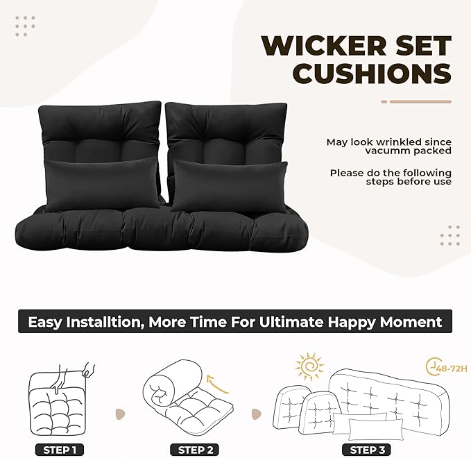 Wicker Chair Cushions of 5 Pieces, Waterproof Outdoor Loveseat Cushion for Wicker Furniture, 1 Love Seat Cushion, 2 U-Shape and 2 Lumbar Pillows for Patio Furniture (Black)