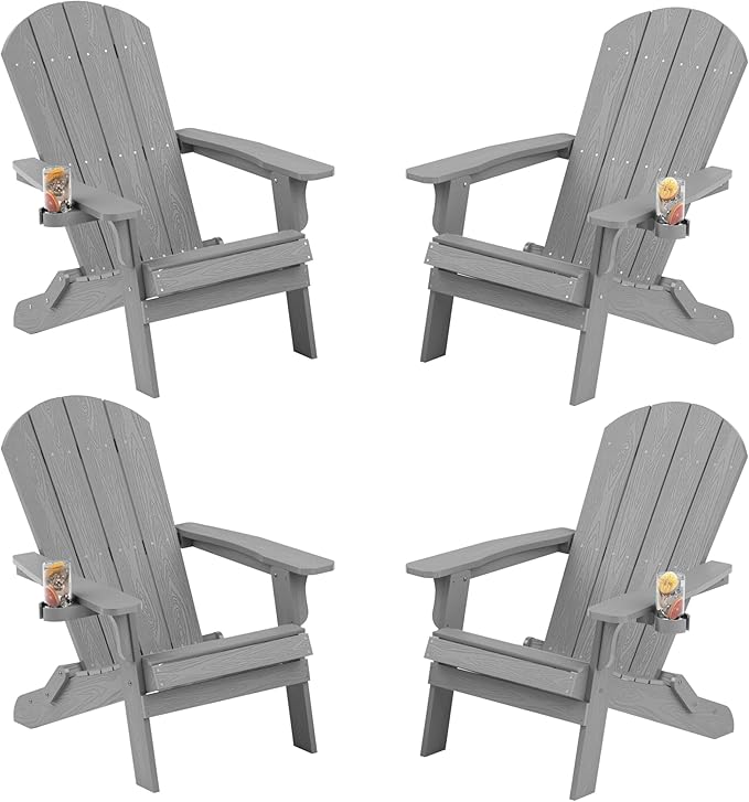 YEFU Adirondack Chair, Foldable Oversized Plastic Adirondack Chair Set of 4 with Cup Holder, Patio Chair with Weather Resistant for Outside Deck Lawn, Weight Capacity Up to 400 Lbs –Grey