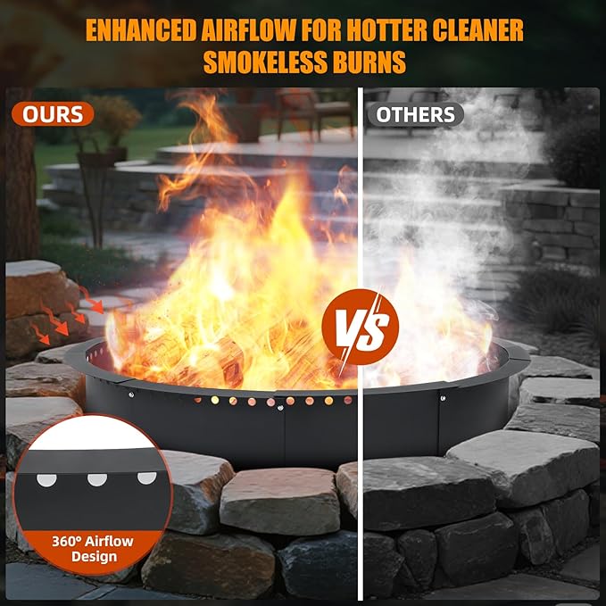 Smokeless Fire Pit Ring for Outside, 40 Inch Heavy Duty Metal Insert with Air Vents for Better Burn, Outdoor Firepit Ring for Backyard, Patio, Camping, Smokeless Wood Burning Use